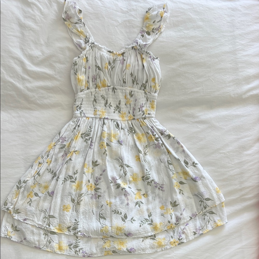 Hollister Girls White Floral Dress in Yellow and Lavender, Size XS